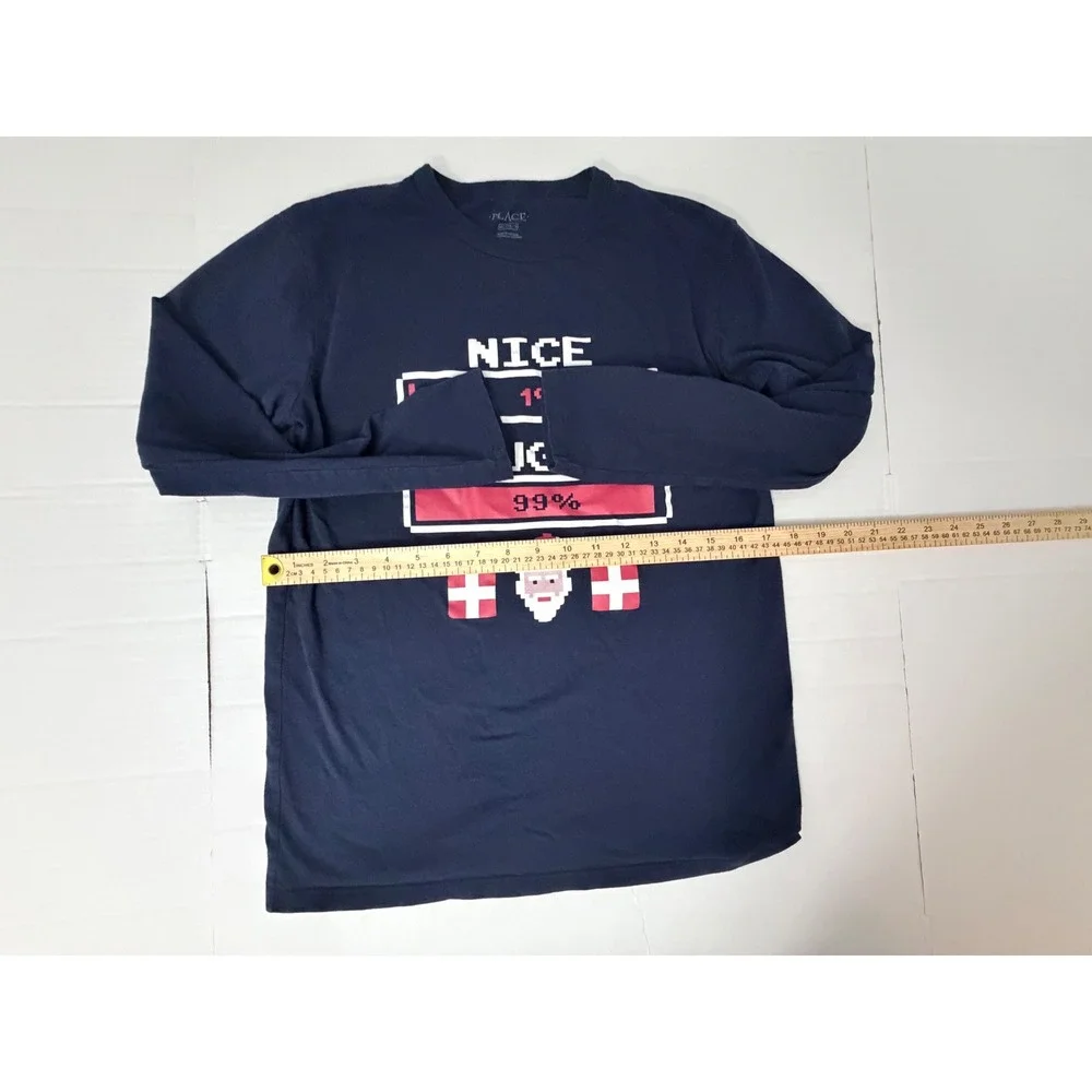 Childrens Place Boys XXL 16 Navy Blue Naughty Nice Santa Long Sleeve Graphic Tee